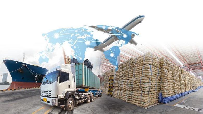 A collage image of stacks of dry goods, airplane, truck, ship, and world map.